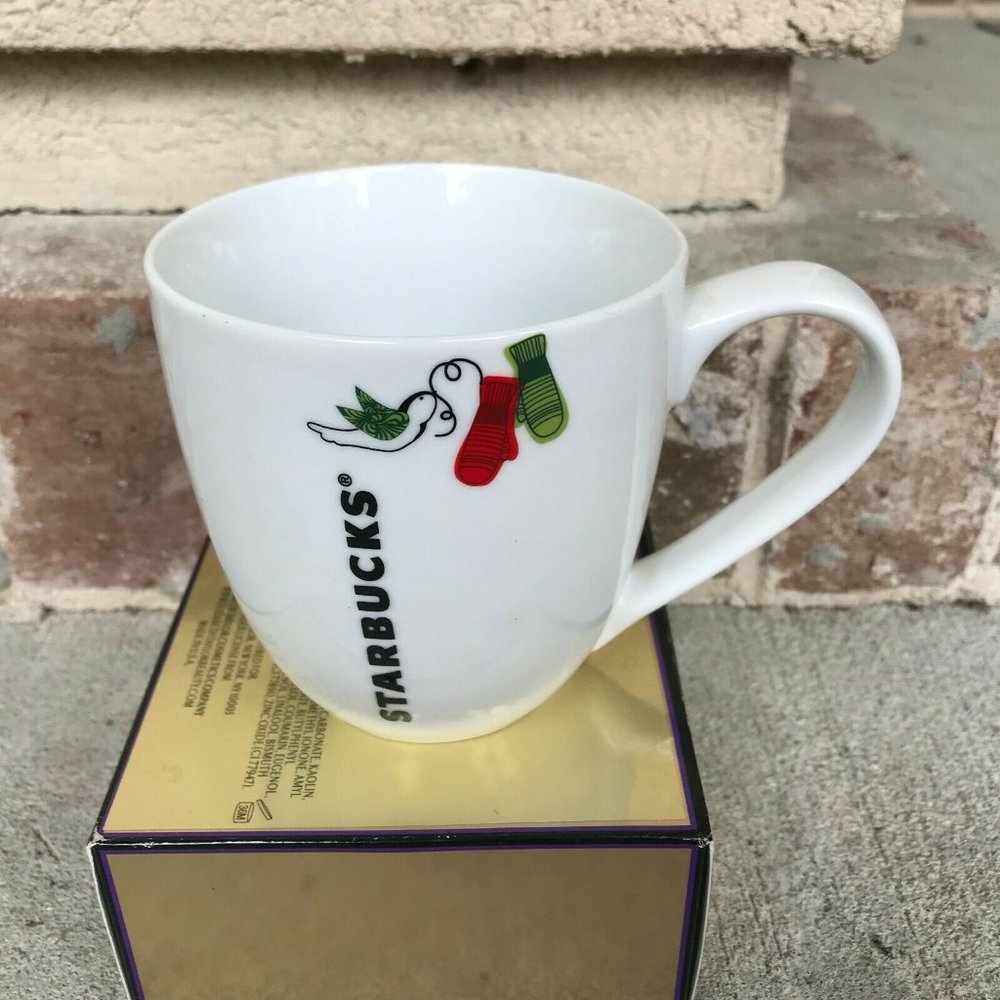 2011 Starbucks Coffee Mug Cup White Red Green Mittens Bird Collectible Hot Tea